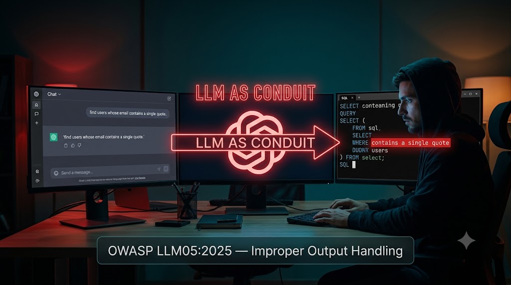 The LLM as conduit: user input flows through the model into a SQL interpreter, untouched.