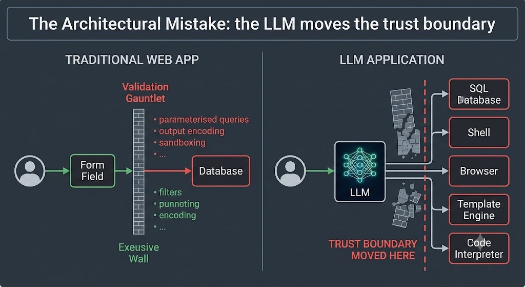 The architectural mistake: the LLM does not break the trust boundary, it moves it.