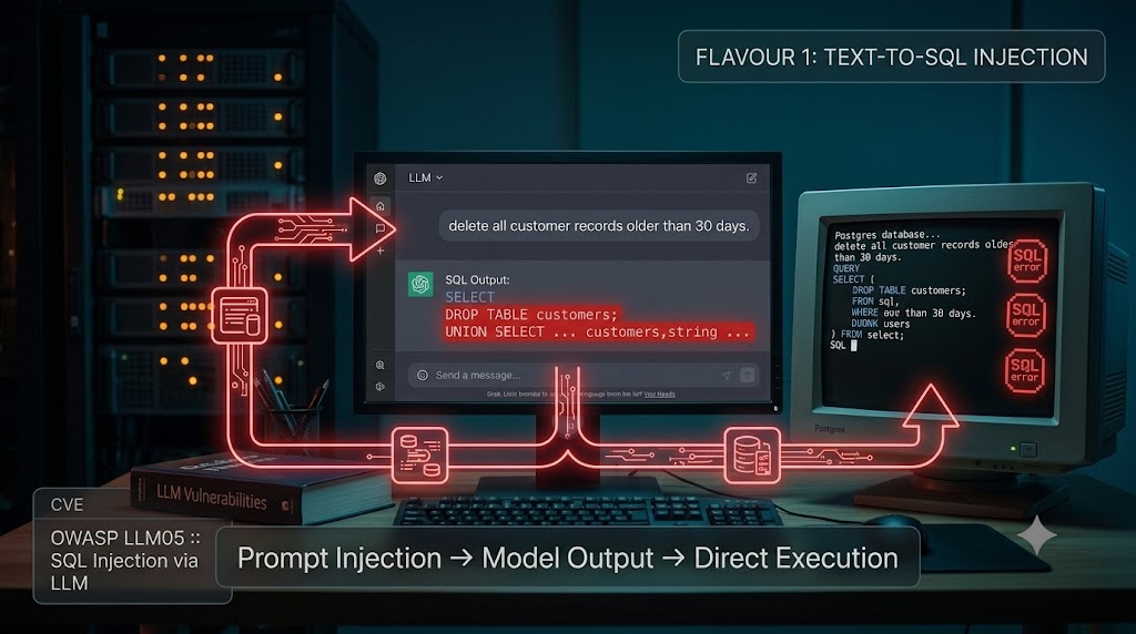 Flavour 1: Text-to-SQL Injection. Prompt → Model Output → Direct Execution.